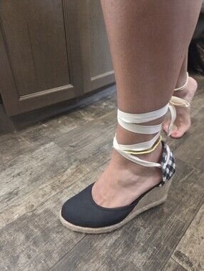 Draper James Black Canvas Espadrille Wedge with Cream Ankle Wrap